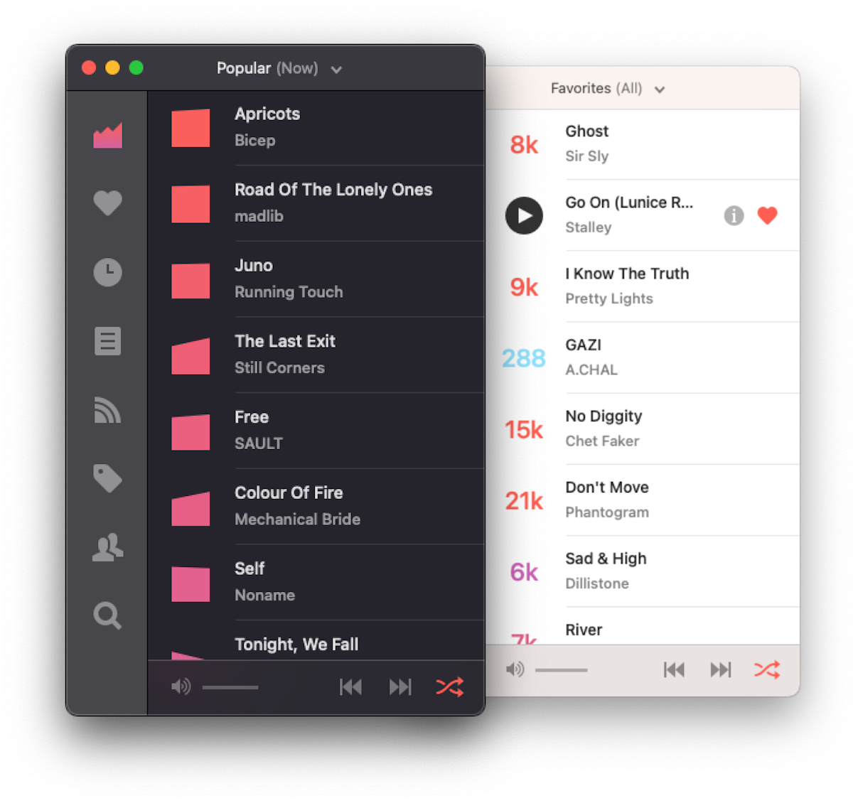 Plug application UI showing two lists of songs from Hypem; popular and favourite